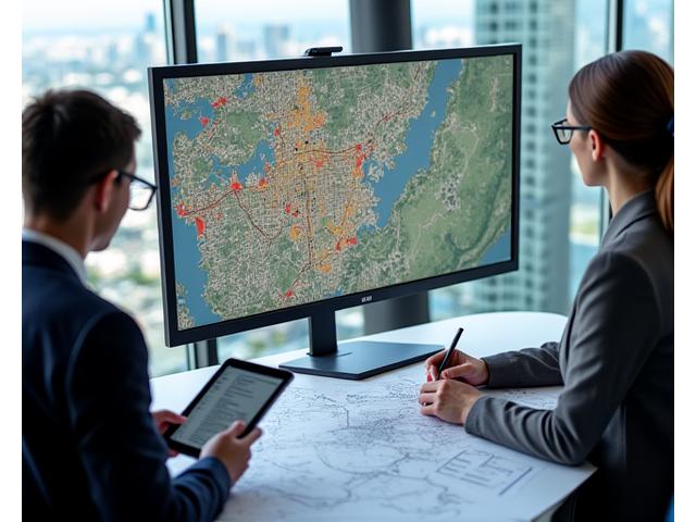 Professionnels analysant des cartes SIG pour un projet d'urbanisme sur une tablette et un grand écran.